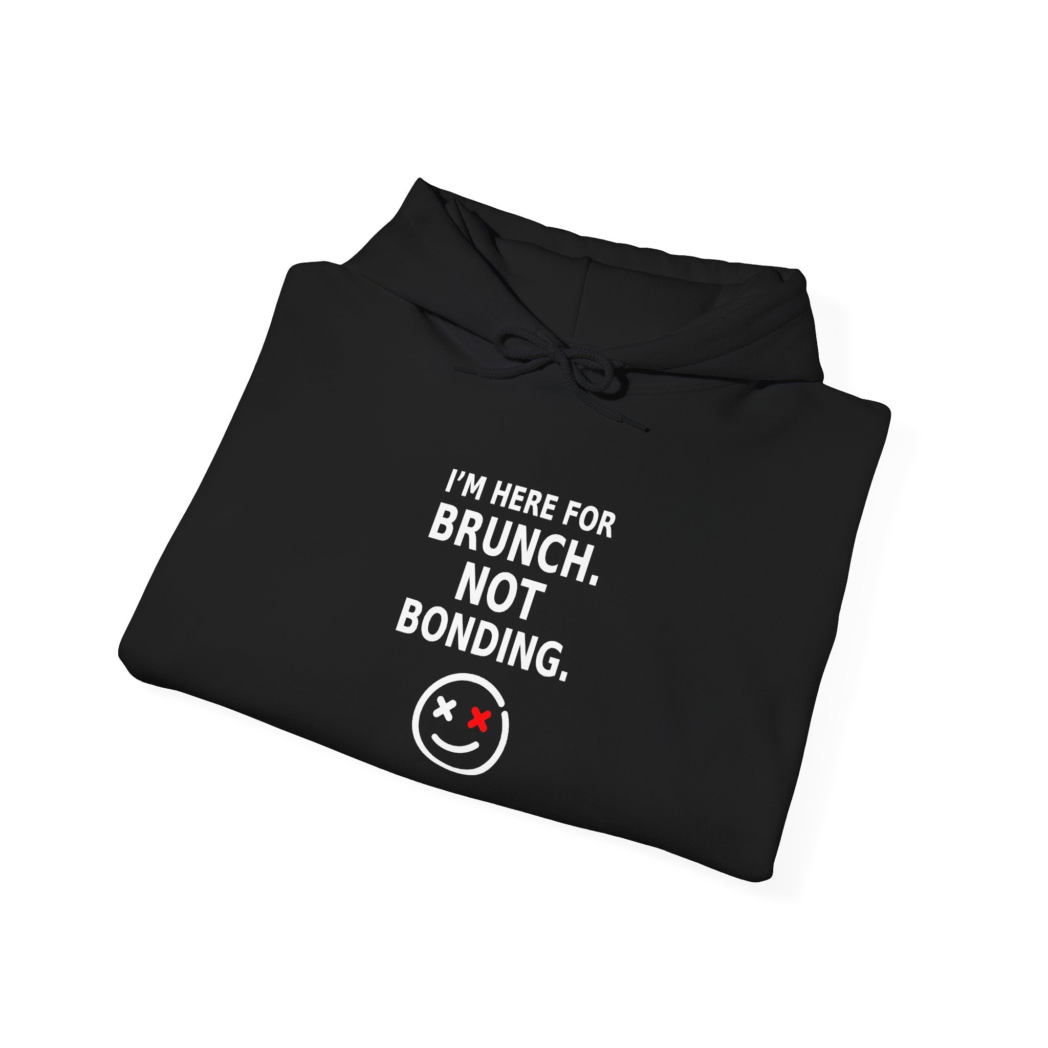 Folded detail view of the I'm Here for Brunch Not Bonding black statement hoodie
