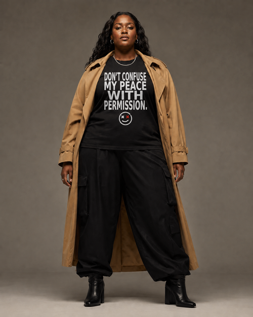 Don't Confuse My Peace With Permission black statement T-shirt editorial mockup