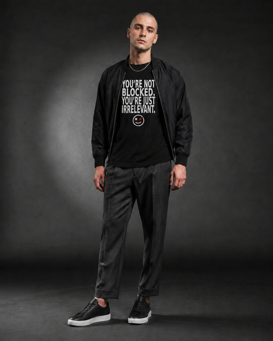 You're Not Blocked You're Just Irrelevant black statement T-shirt editorial mockup
