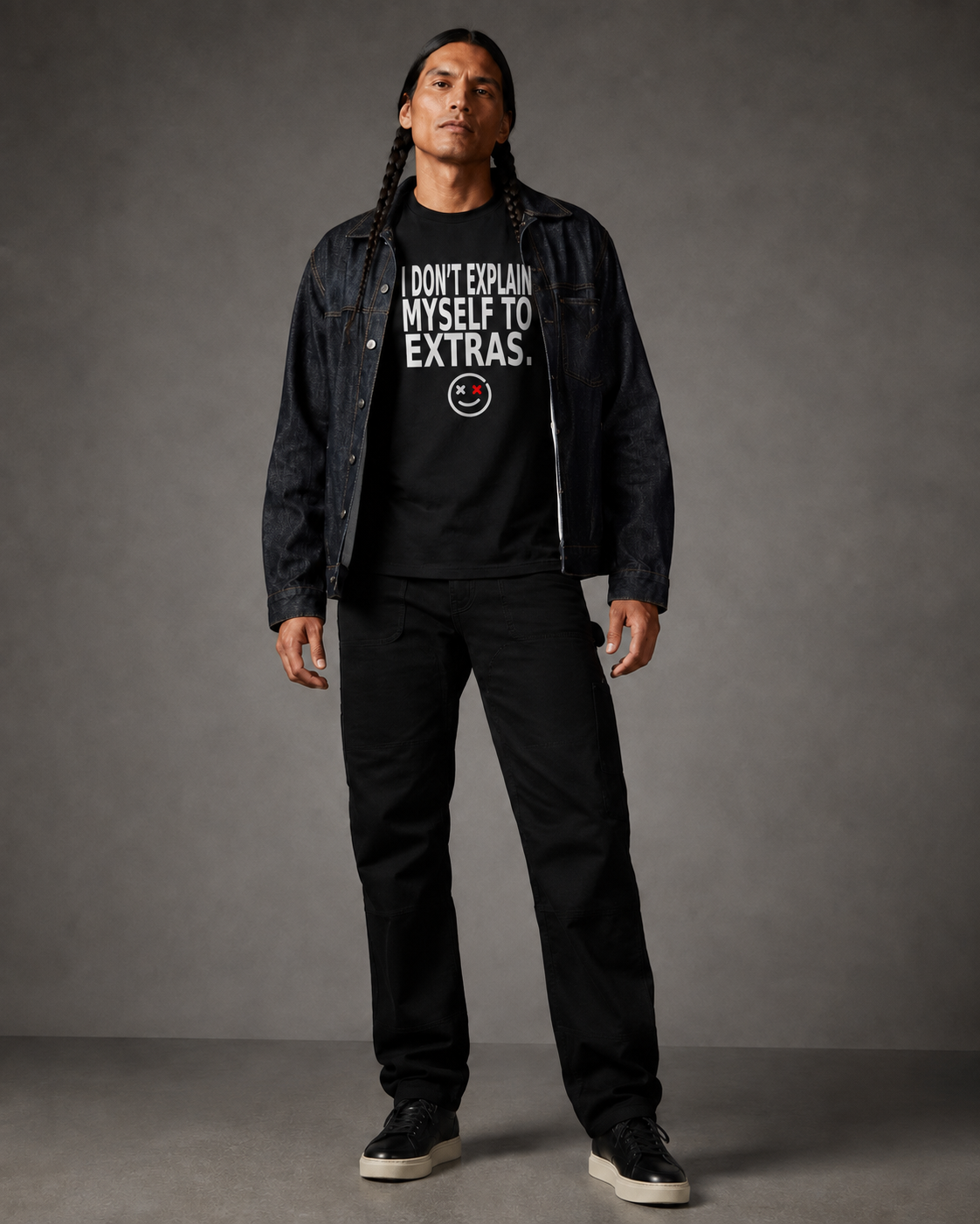 I Don't Explain Myself to Extras black statement T-shirt editorial mockup
