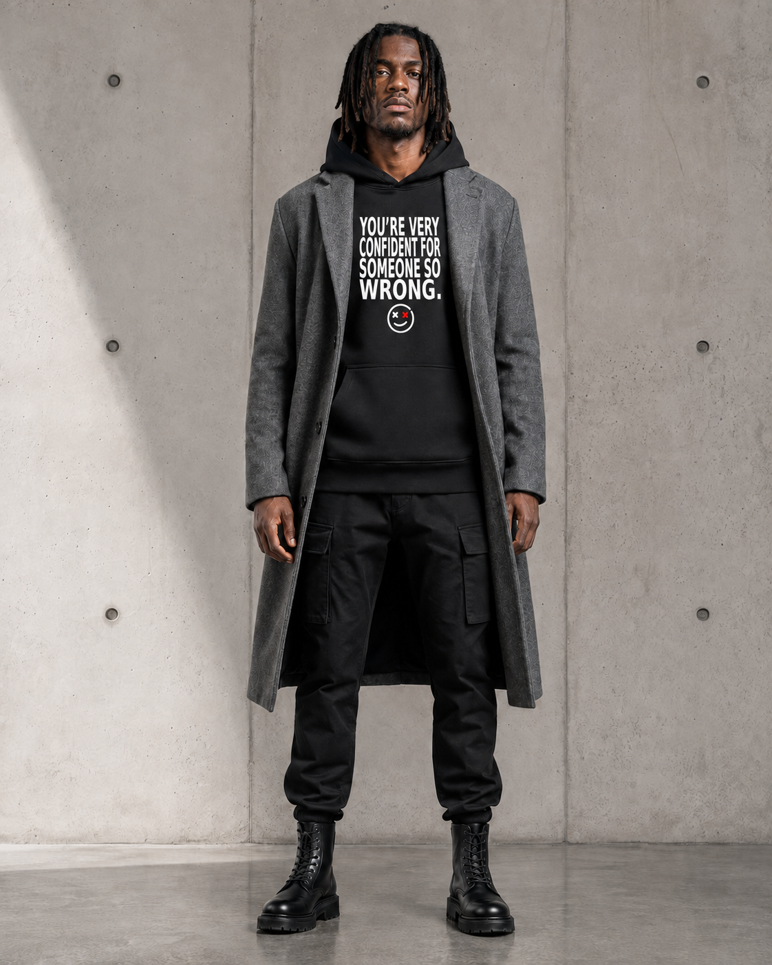 You're Very Confident for Someone So Wrong black statement hoodie editorial mockup