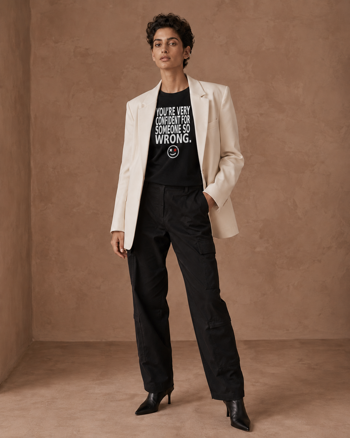 You're Very Confident for Someone So Wrong black statement T-shirt editorial mockup