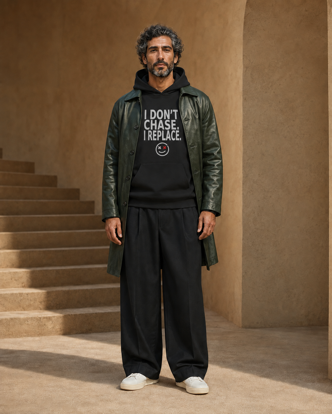 I Don't Chase I Replace black statement hoodie editorial mockup