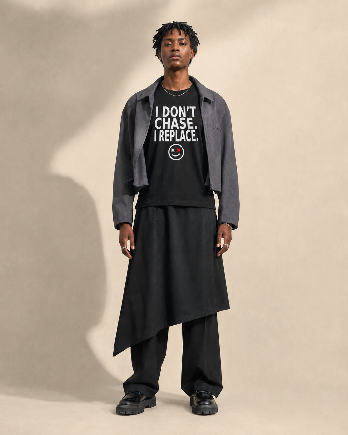 I Don't Chase I Replace black statement T-shirt editorial mockup