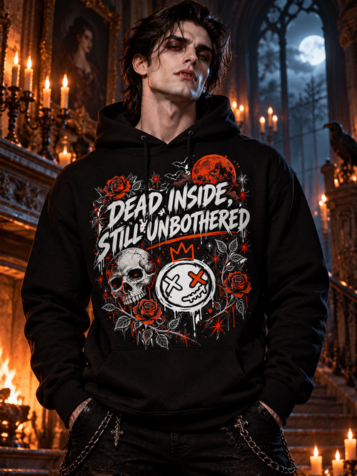 Dead Inside Still Unbothered Halloween hoodie on cinematic male vampire
