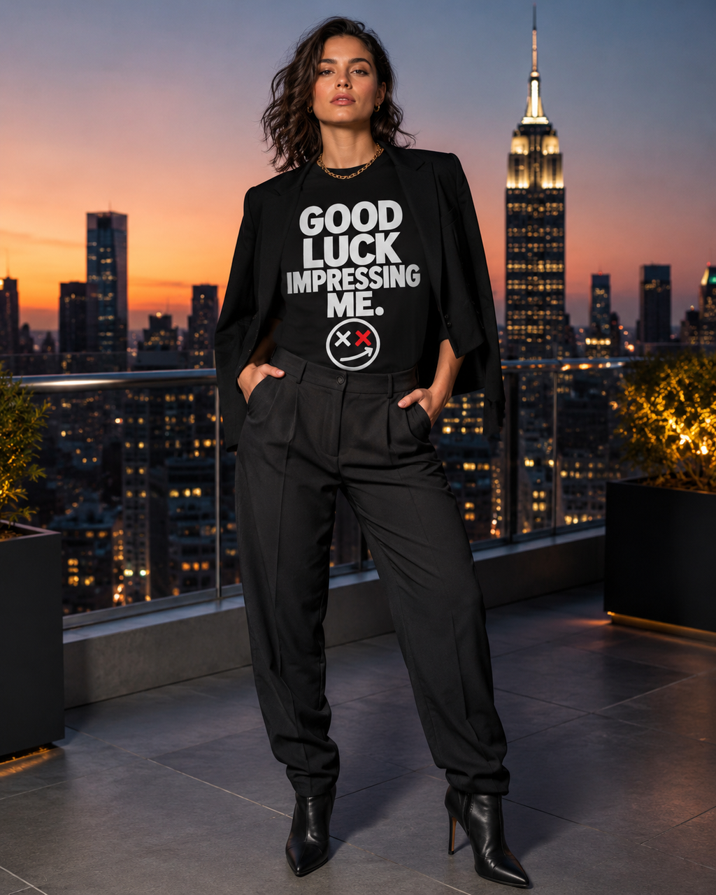 Model wearing Good Luck Impressing Me black Thread Snark statement T-shirt