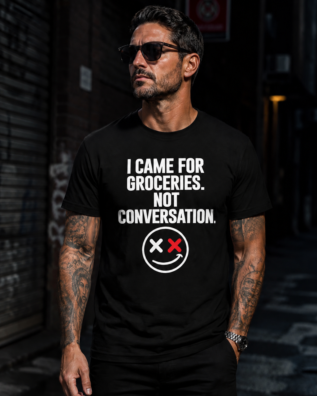 Male model wearing Thread Snark I Came for Groceries Not Conversation black statement T-shirt