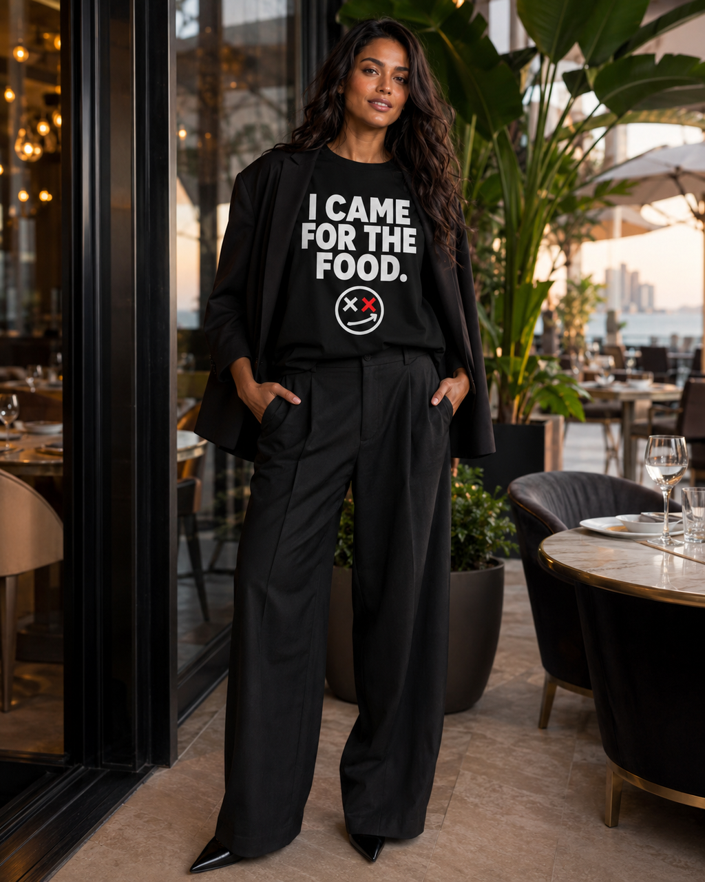 Model wearing I Came for the Food black Thread Snark statement T-shirt