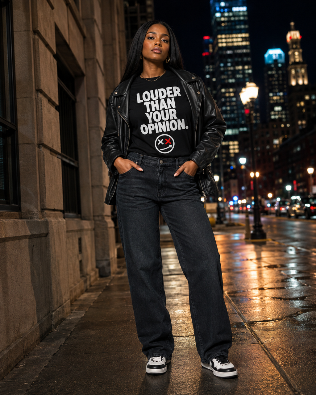 Model wearing Louder Than Your Opinion black Thread Snark statement T-shirt