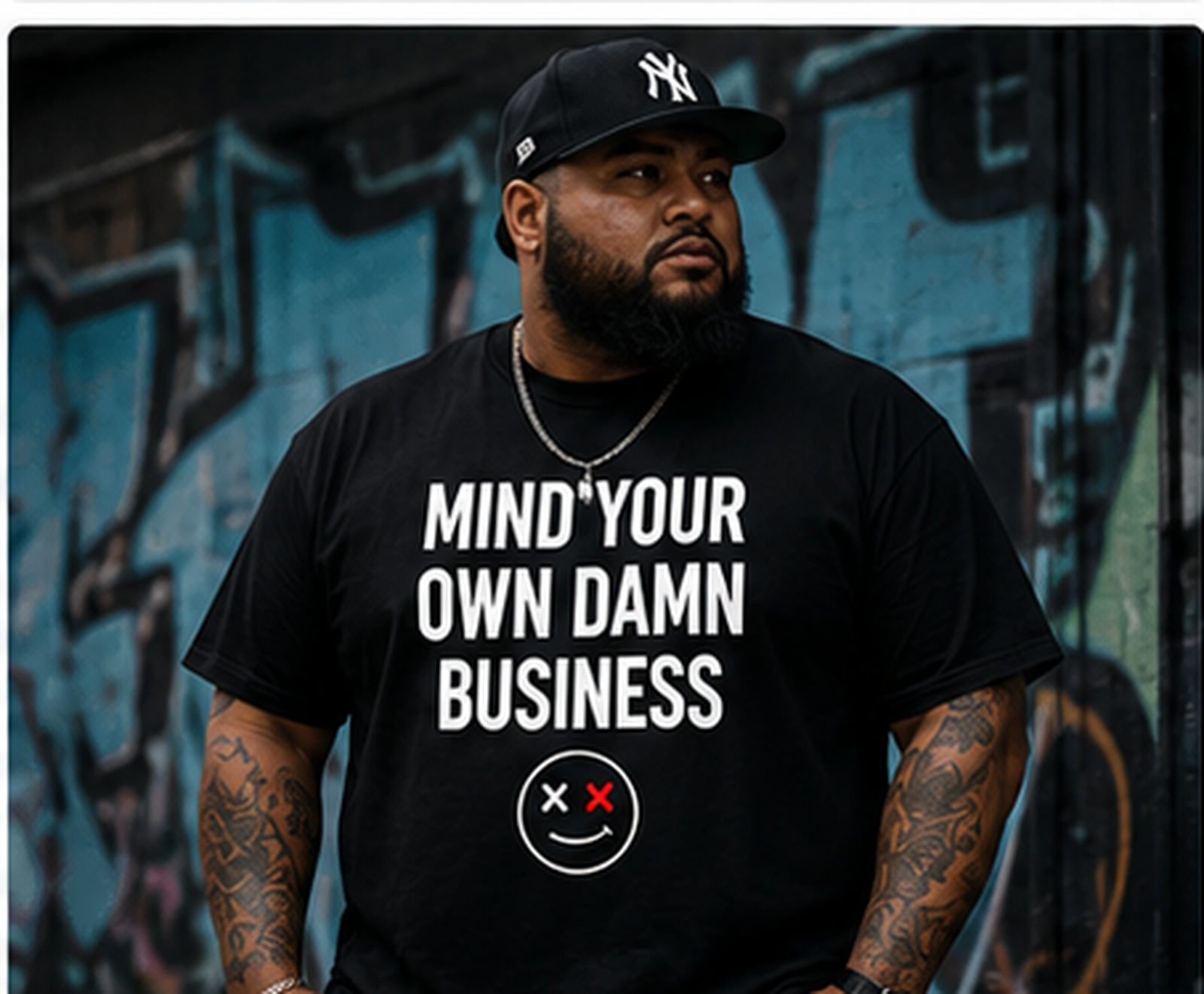 Plus-size male model wearing Thread Snark Mind Your Own Damn Business black statement T-shirt