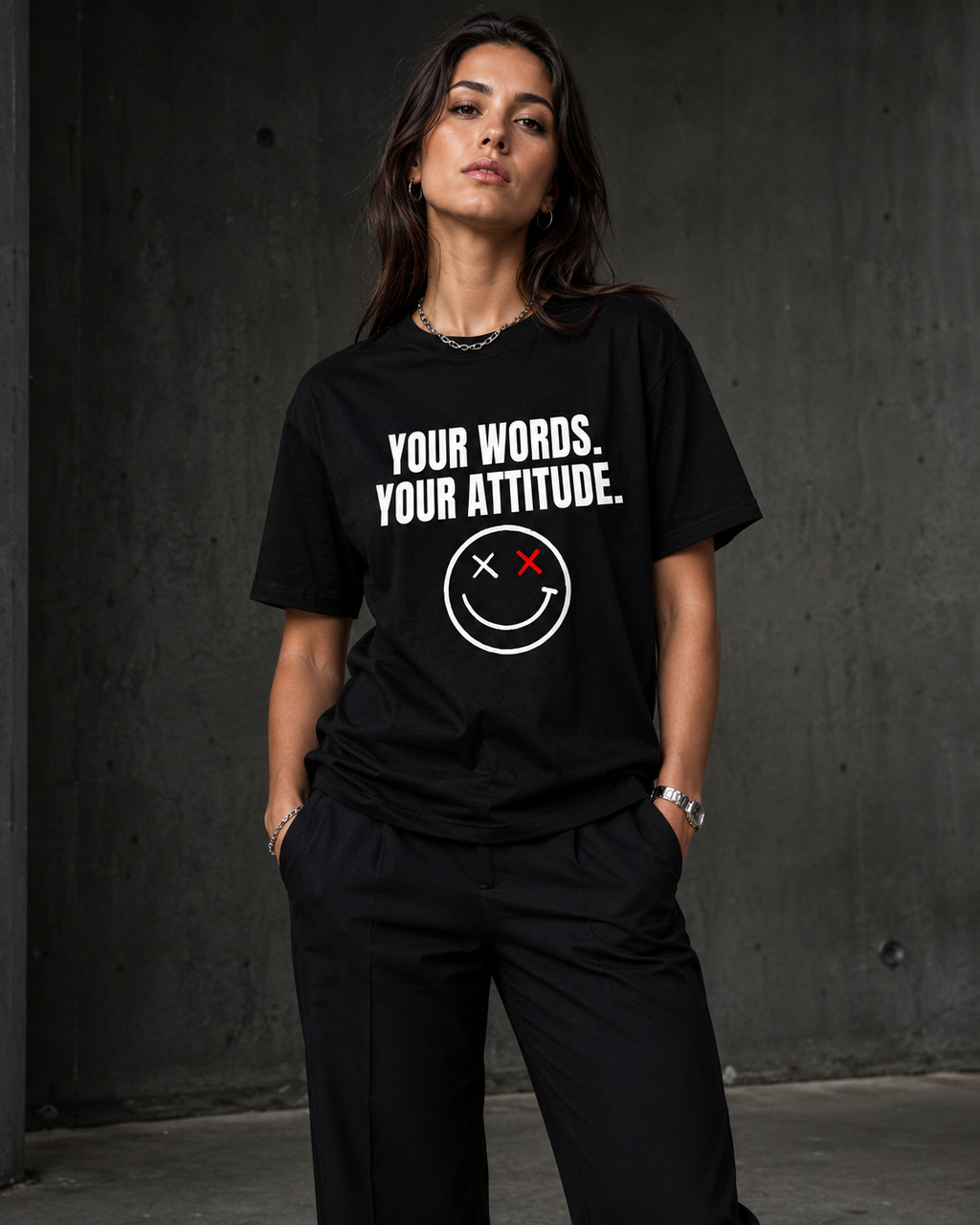 Model wearing a black personalized statement tee reading Your Words. Your Attitude.